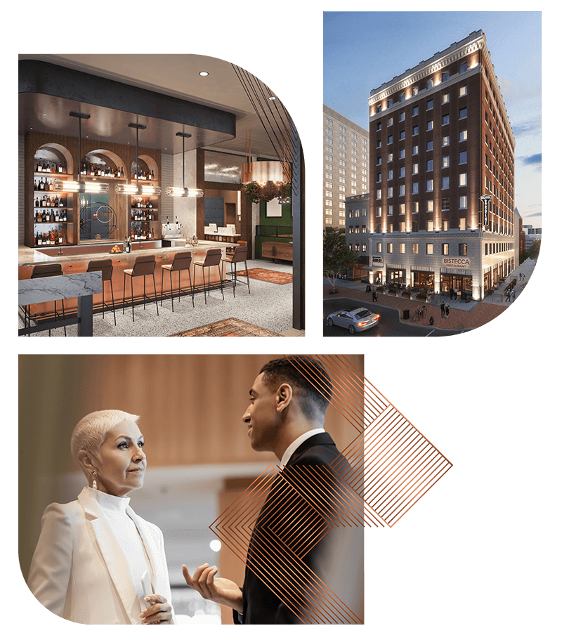 A collage image showing the interior hotel bar, an outside shot of the building and an older woman talking with a young black man in a suit
