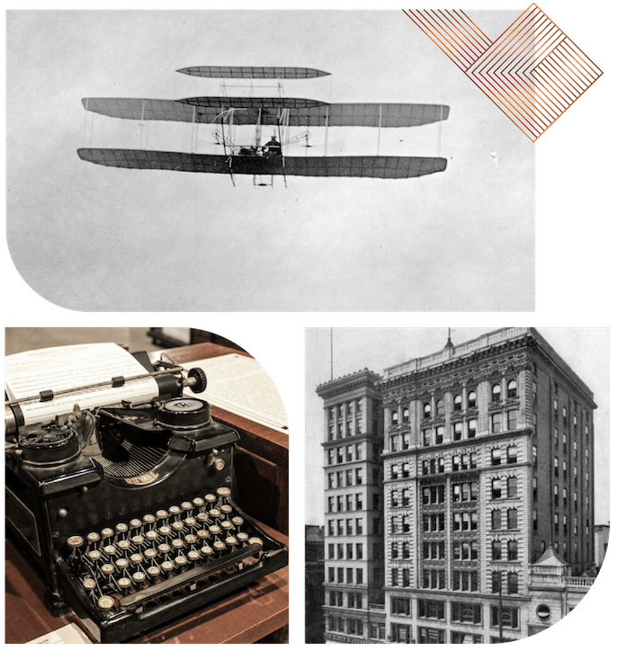 Three historical mages of an airplane, an old typewriter and an exterior shot of the building