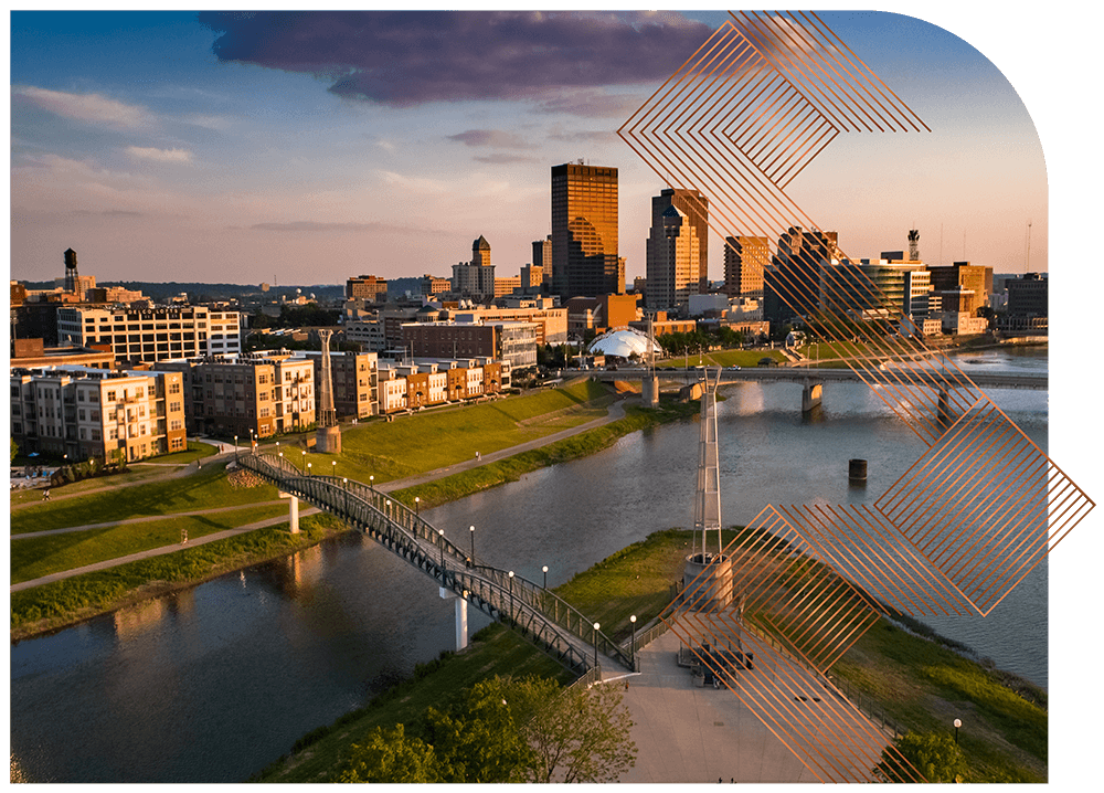 Ariel view of downtown Dayton with a luxurious texture overlay