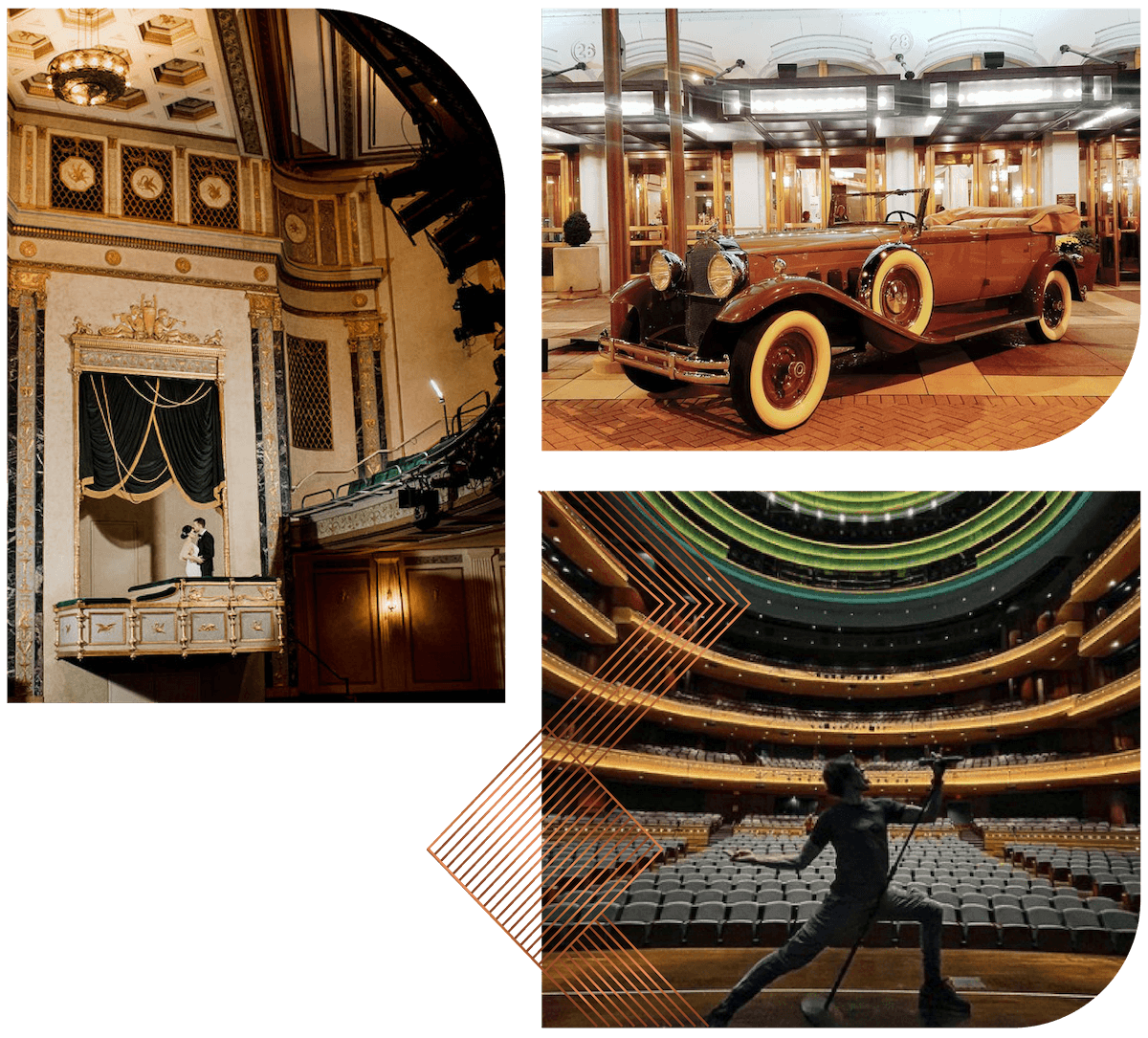 Art and culture collage of a performing theater, and old car, and a performer on stage