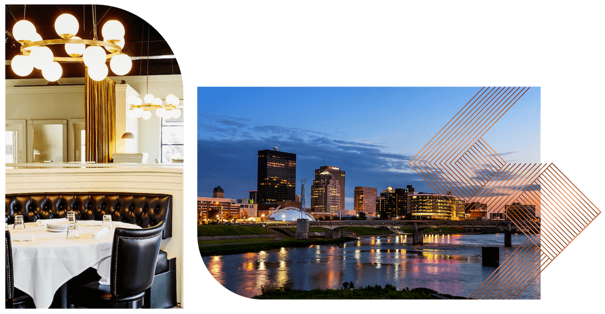 Two images of night life showing an interior restaurant and a skyline of downtown