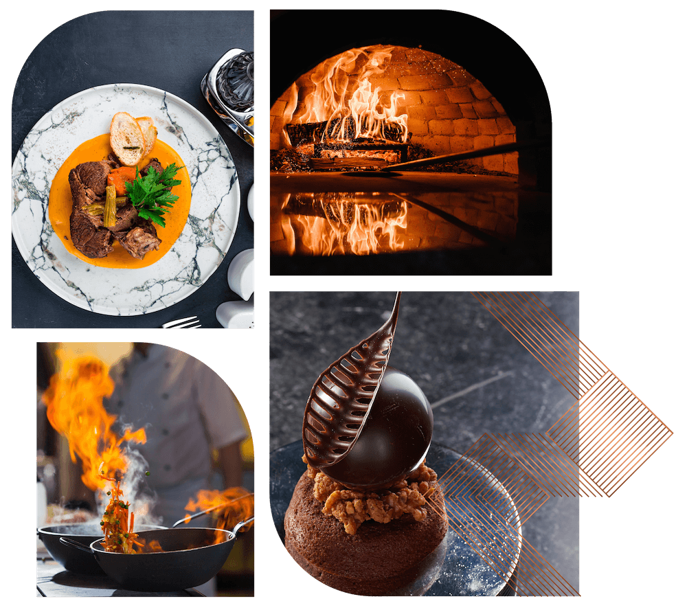 A collage of food in the restaurant showing a dessert, and fire oven and a hot pan