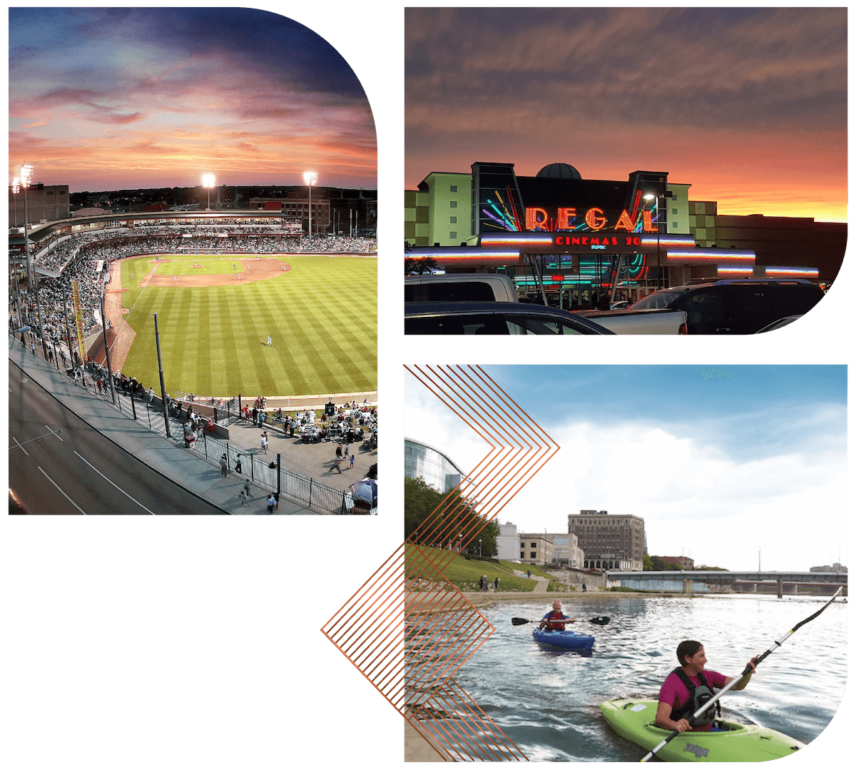 Three images showing a baseball field,a movie theater and two people boating down the river.