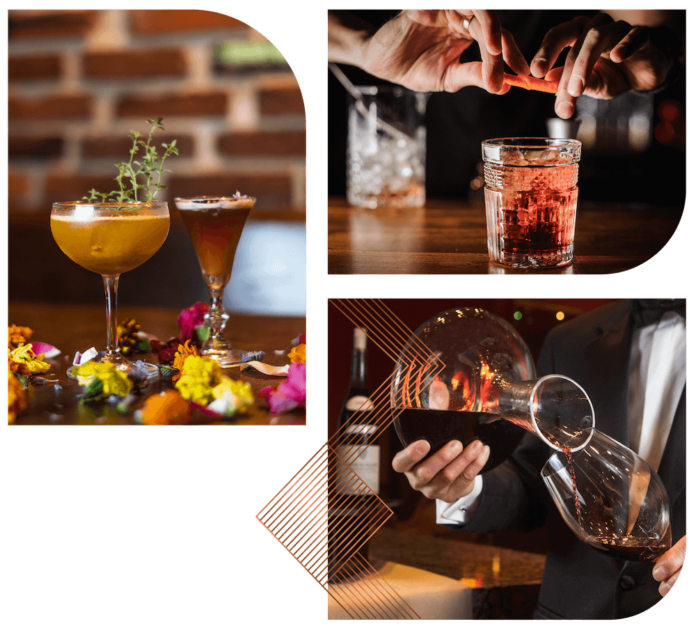 Three images of bar drinks and glasses.