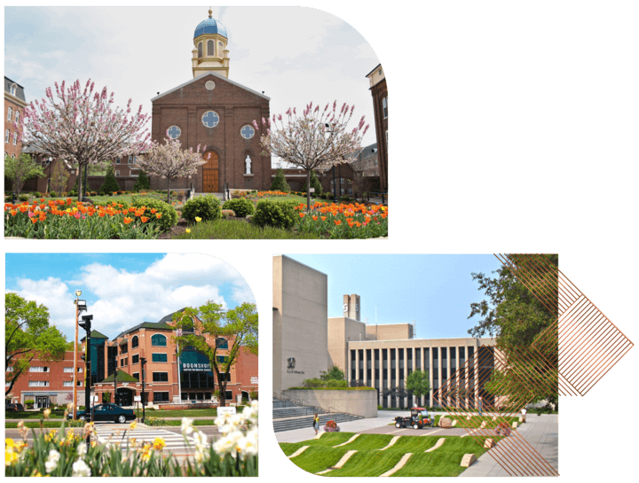 Three images of buildings on Dayton University's campus.
